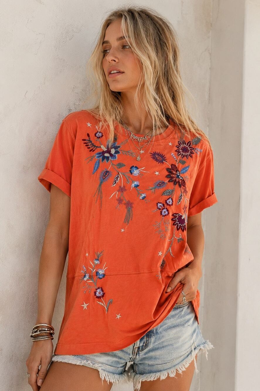 Johnny Was Phoebe Living Coral Embroidered Floral Seamed Relaxed Tee M Boho